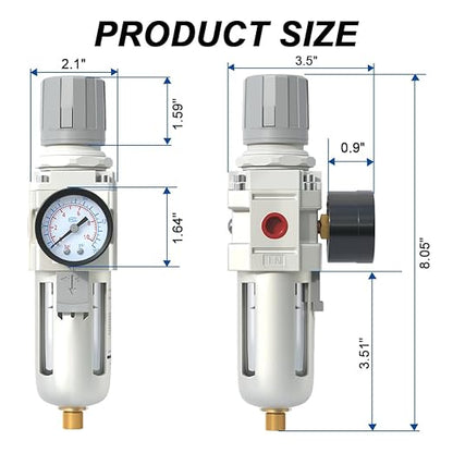 AIRZOE 3/8" NPT Air Filter Regulator Combo Piggyback,5 Micron Brass Element, Semi-Auto Drain,Air Pressure Regulator AW3000-03,0-145 psi Gauge