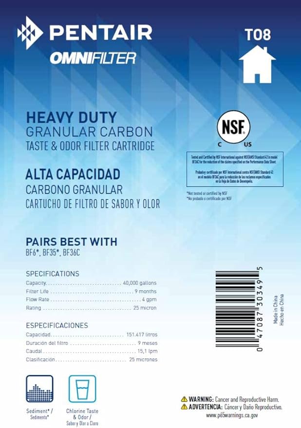 Pentair OMNIFilter TO8 Carbon Water Filter, 10" Heavy Duty Big Blue Whole House Granular Carbon Taste & Odor Replacement Filter Cartridge, 10" x 4.5", 25 Micron