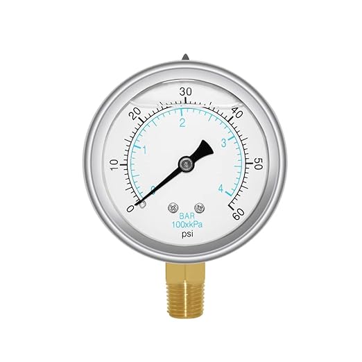 Joywayus Pressure Gauge 0-60 PSI Brass 1/4" NPT Male Thread Lower Mount, Glycerin Filled, Stainless Steel Case, Multiple Function