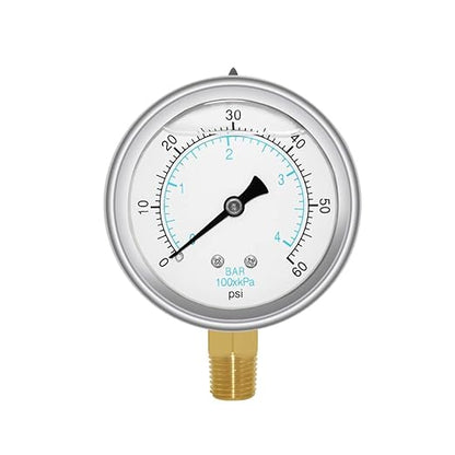 Joywayus Pressure Gauge 0-60 PSI Brass 1/4" NPT Male Thread Lower Mount, Glycerin Filled, Stainless Steel Case, Multiple Function