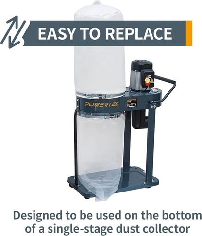 POWERTEC 70426 Dust Collector Bags and Clamp Set | 21" x 31" x 1 Micron Filter Upper Bag with 19-1/8 Inch Band Clamp and 5pc Clear Plastic Dust Collection Bags 20" x 43"