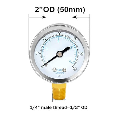 Joywayus Pressure Gauge 0 to 60 PSI Brass 1/4" Male NPT Thread Lower Mount, Multiple Function