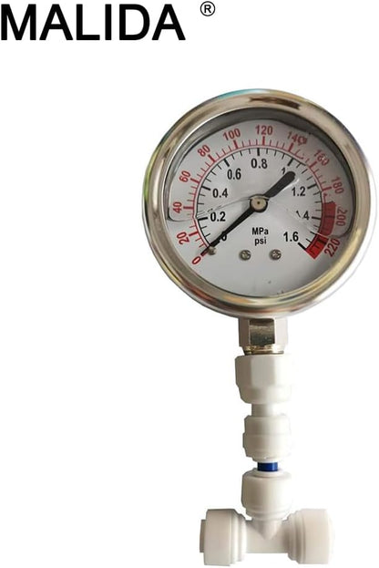 Malida Stainless Water Pressure Test Gauge, Water Pressure Detector for Aquarium Meter 0-1.6MPa 0-220psi Reverse Osmosis System Pump with 1/4.