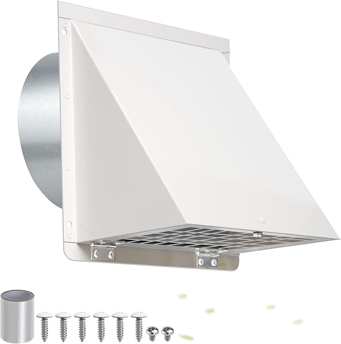 6 Inch Hooded Wall Vent with Mesh&Damper,6''Exhaust Vent Cover,6in Dryer Vent Cover Outside Metal Wall Exhaust Vent Cap Hood for Outdoor Kitchen Range Hood/Bathroom Exhaust Duct-Galvanized Steel,White