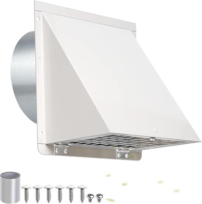 6 Inch Hooded Wall Vent with Mesh&Damper,6''Exhaust Vent Cover,6in Dryer Vent Cover Outside Metal Wall Exhaust Vent Cap Hood for Outdoor Kitchen Range Hood/Bathroom Exhaust Duct-Galvanized Steel,White