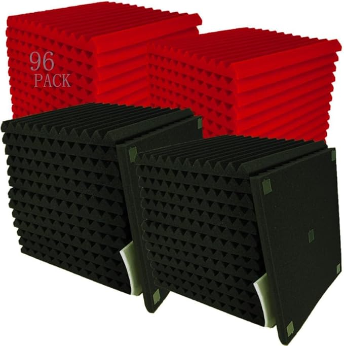 96 Pack Allxinlog Absorb the echo Acoustic Foam Panel Wedge Studio Soundproofing Wall Tiles 12" X 12" X 1" (48RED+48BLACK)