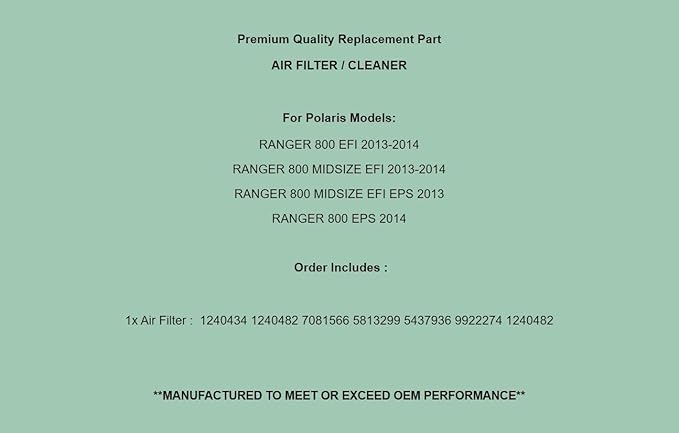 Replacement Air Filter Cleaner For Polaris Ranger 800 Midsize EFI EPS 2013-2014