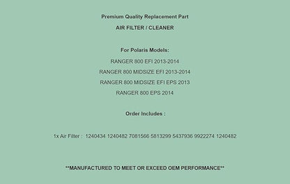 Replacement Air Filter Cleaner For Polaris Ranger 800 Midsize EFI EPS 2013-2014