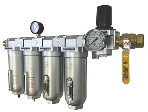 1" NPT Industrial (5-Stage) Moisture Removing Particulate Filter and Oil Removing Coalescing Filter and Two Desiccant Air Dryers and Air Pressure Regulator