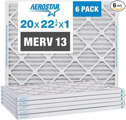 Aerostar 20x22.25x1 Air Filter MERV 13 (For Allergies, Dust, Lint, Mold, Pet Dander, Smoke, Smog & Bacteria) - Electrostatic MPR 1500-1900 & FPR 10 - Pleated HVAC AC Furnace Air Filters - Pack of 6