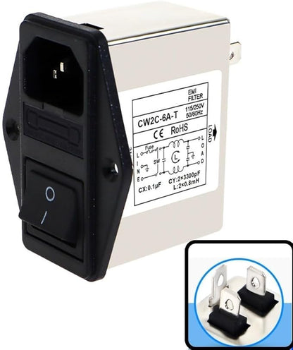 IEC Power Filter, Inlet Power Socket, IEC Socket Power Filter with Built-in Fuse and Rocker Switch, Noise Suppression, Compatible with CW2C-3A-T/CW2B-6A-T/CW2B-10A-T (CW2C-6A-T)