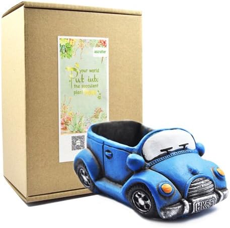 Blue Planter, Cute Succulent Pots, Small Plant Pots with Drainage Hole (Blue Car)