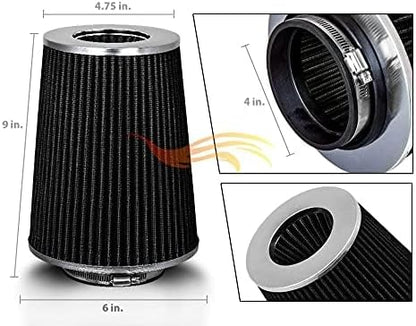 BLACK 4" 102 mm Inlet Truck Air Cone Replacement Performance Washable Clamp-On Dry Air Filter (8" Tall)