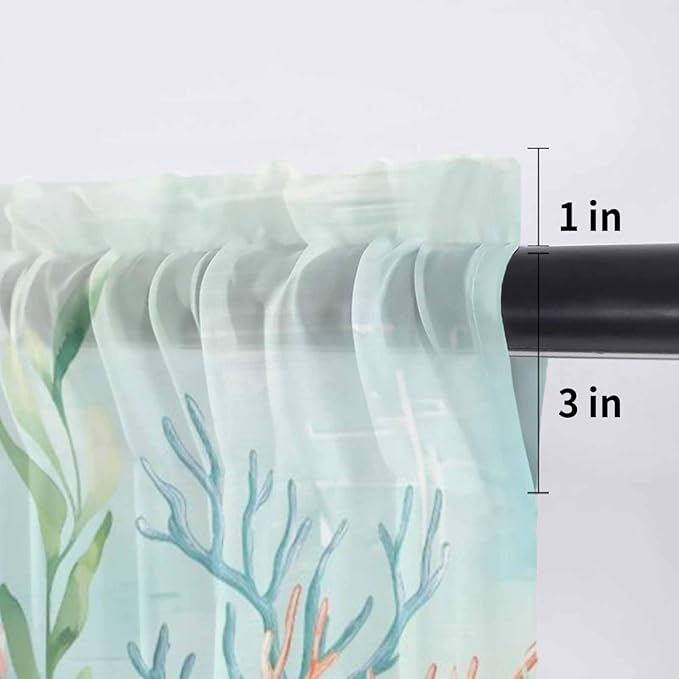Summer Beach Sheer Valance Curtains, Green Ocean Colorful Coral Shell Seaweed Starfish Light Filtering Kitchen Valances Rod Pocket Voile Curtain Treatment for Bedroom/Living Room/Basement 42Wx12L