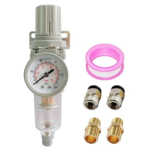 1/4" NPT Air Filter Pressure Regulator Combo Water Separator for Air Compressor Line Semi-Auto Drain 5 Micron Brass Element 0-150 psi Gauge