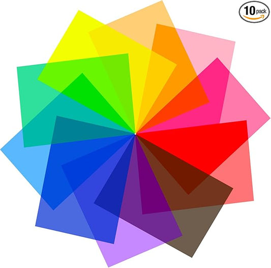 10 Pack Gel Light Filter Transparency Color Film Plastic Sheets Colored Overlays Correction Gels Filter for Lamp, Headlight, Photo Studio Strobe, LED, Headlight Film (10 Multi)