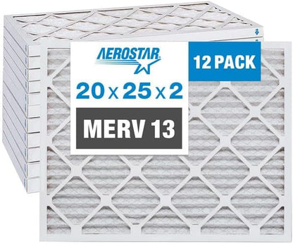Aerostar 20x25x2 MERV 13 Pleated Air Filter, AC Furnace Air Filter, 12 Pack (Actual Size: 19 1/2" x 24 1/2" x 1 3/4")