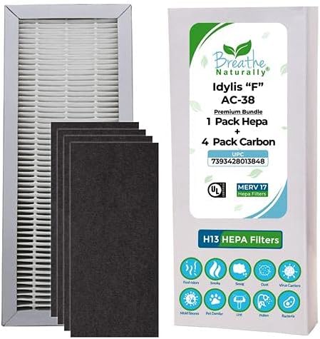 Breathe Naturally - Extra Thick Filters Compatible with Idylis “F” AC-38 Series Air Purifiers - Made for Idylis “F” AC-38/560885 Series(1 Pack Replacement HEPA Filter, 4 Pack Carbon Filters)