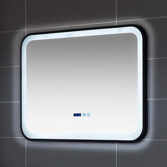 Bathroom Mirror with LED Light and Demister Pad Wall Mounted Mirror Makeup Shaving Mirror Smart Touch Switch (Black 600 * 800mm)