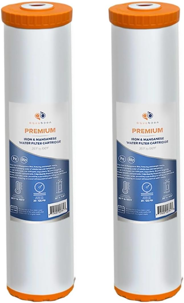 Aquaboon 20 x 4.5 Iron & Manganese Water Filter Cartridge – Reduces Iron & Manganese – Compatible with Whole House Systems, Well Water – Fits All 20”x4.5” Standard Housings - 2 Pack