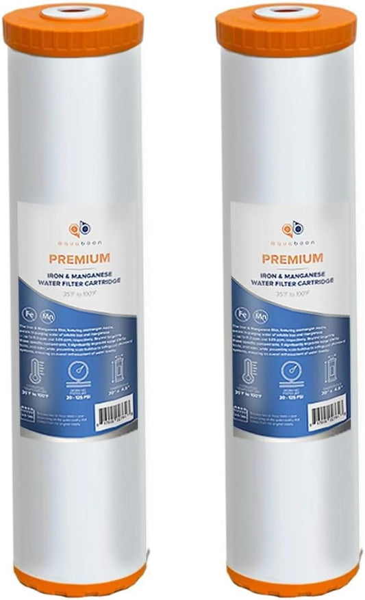 Aquaboon 20 x 4.5 Iron & Manganese Water Filter Cartridge – Reduces Iron & Manganese – Compatible with Whole House Systems, Well Water – Fits All 20”x4.5” Standard Housings - 2 Pack