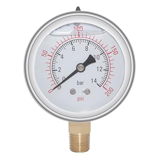 Joywayus Pressure Gauge 0-200 PSI Brass 1/4" NPT Male Thread Lower Mount, Glycerin Filled, Stainless Steel Case, Multiple Function
