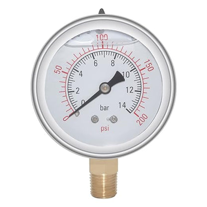 Joywayus Pressure Gauge 0-200 PSI Brass 1/4" NPT Male Thread Lower Mount, Glycerin Filled, Stainless Steel Case, Multiple Function