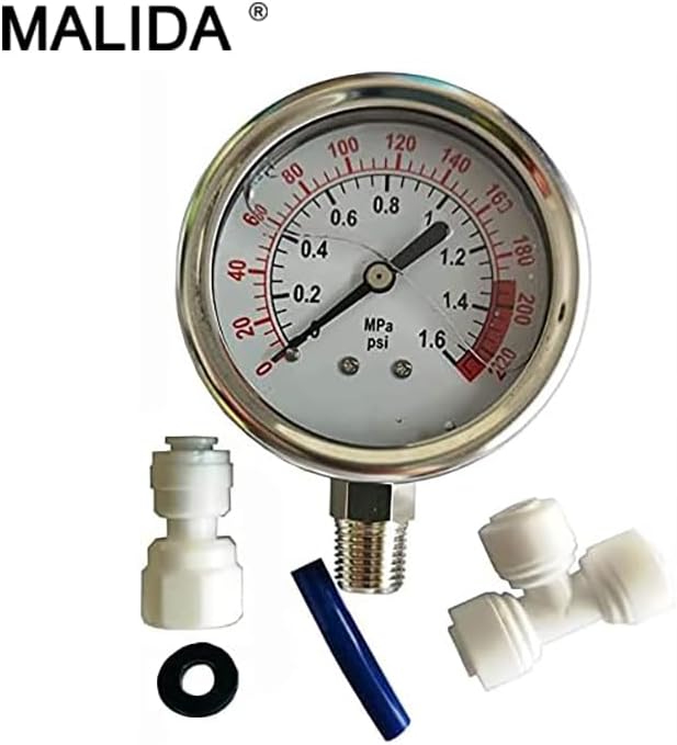 Malida Stainless Water Pressure Test Gauge, Water Pressure Detector for Aquarium Meter 0-1.6MPa 0-220psi Reverse Osmosis System Pump with 1/4.