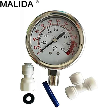 Malida Stainless Water Pressure Test Gauge, Water Pressure Detector for Aquarium Meter 0-1.6MPa 0-220psi Reverse Osmosis System Pump with 1/4.