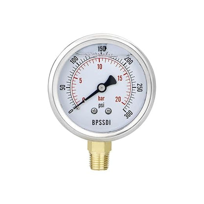 0-300 Psi Glycerin Liquid Filled Pressure Gauge, 2.5" Dial Size, 1/4" NPT Lower Mount, 304 Stainless Steel Case, for Pool Pump Sand Filter Air Compressor, Water Oil Air Pressure Test