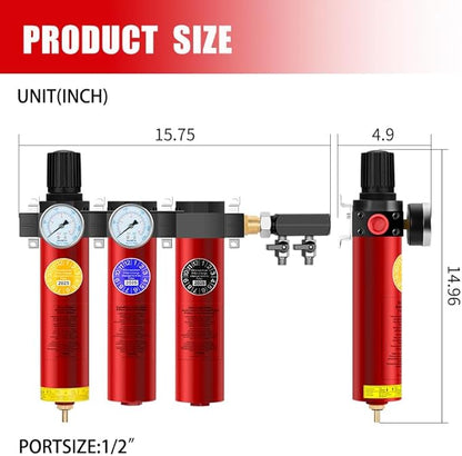NANPU Z Series 3-Stage Air Filtration System - Sintered, Fine, & Charcoal Filters, 1/2" NPT Inlet, 1/4" NPT Outlet Module, 0-230 psi Gauge, 127 CFM @ 6 bar, Metal Housing, Auto Drain