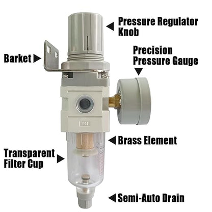 1/4" NPT Air Filter Pressure Regulator Combo Water Separator for Air Compressor Line Semi-Auto Drain 5 Micron Brass Element 0-150 psi Gauge