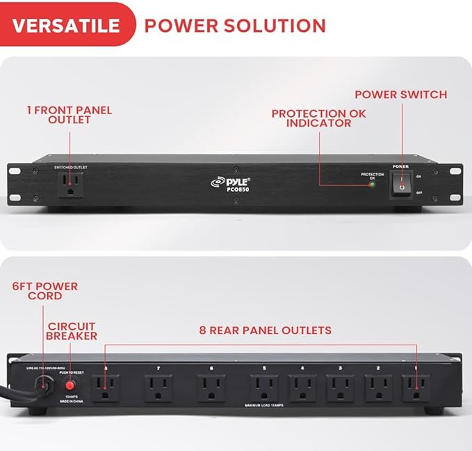 Pyle 150J Surge Protector Power Strip - 9 Outlet - 15 Amp - 1U Rack Mount with AC Filter - Heavy Duty Extension Cord - Overload Protection for Home/Office/Server Use - PCO850