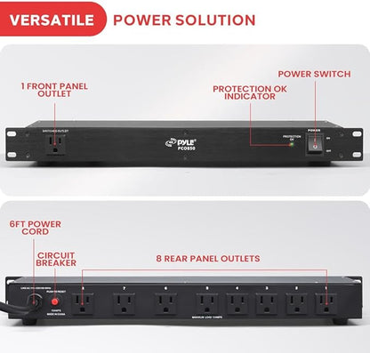 Pyle 150J Surge Protector Power Strip - 9 Outlet - 15 Amp - 1U Rack Mount with AC Filter - Heavy Duty Extension Cord - Overload Protection for Home/Office/Server Use - PCO850