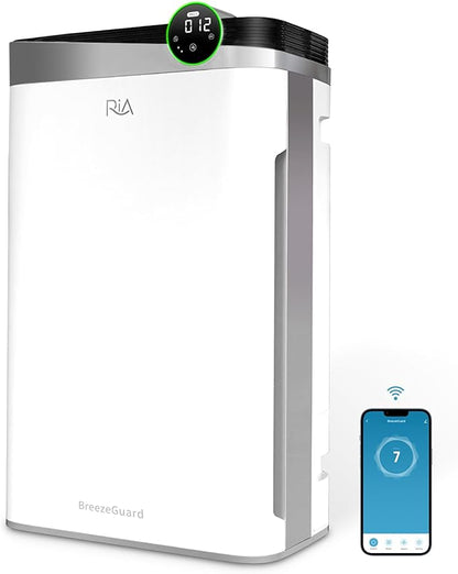 RIA BreezeGuard HEPA Air Purifier for Home & Large Rooms up to 2500 Sq Ft – Smart Air Cleaner with Evaporative Humidifier, App Control, PM2.5 Sensor, for Pets, Allergies, Smoke & Dust
