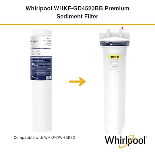 Whirlpool 20" x 4.5" Whole House Water Filter Housing, NSF Certified System for Sediment Carbon Filter, Home Pre-Filtration for Well and City Water, 1" Port with Pressure Relief, Filter Not Included