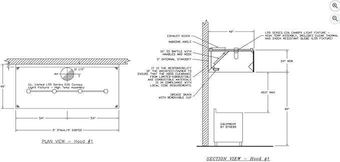 Commercial Kitchen Restaurant Duty Exhaust Hood, Wall Canopy Stainless Steel Exhaust Hood with Baffle Hood Filters, High Temperature Light Fixtures, and 16” Round Exhaust Riser (9" Long Hood)