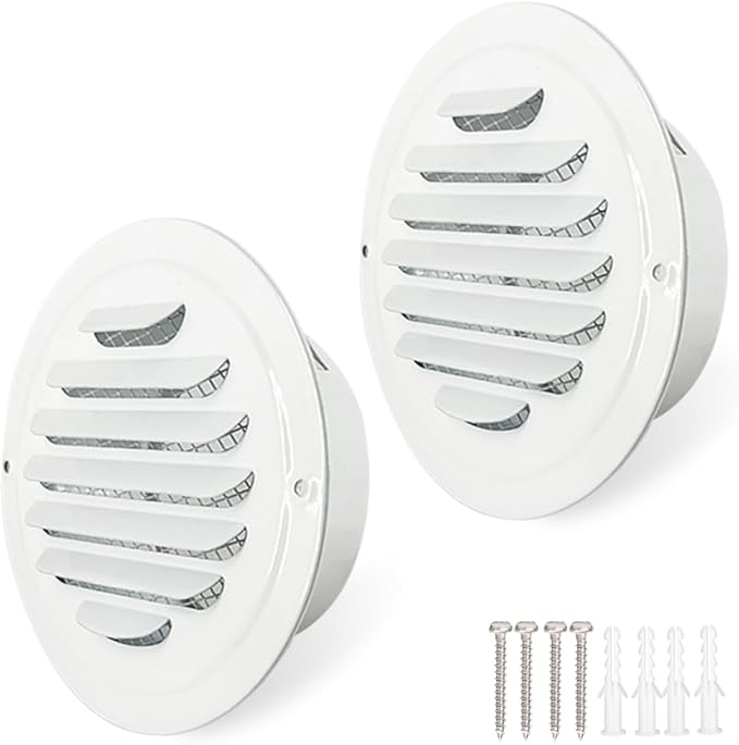 4 Inch Round Air Vent Covers,LouanXpert Stainless Steel Soffit Vent Covers Louvered Grille Cover Vent Flat Ducting Ventilation Air Outlet with Built-in Fine Mesh for House,Garage, RV(100mm - 2PCS)