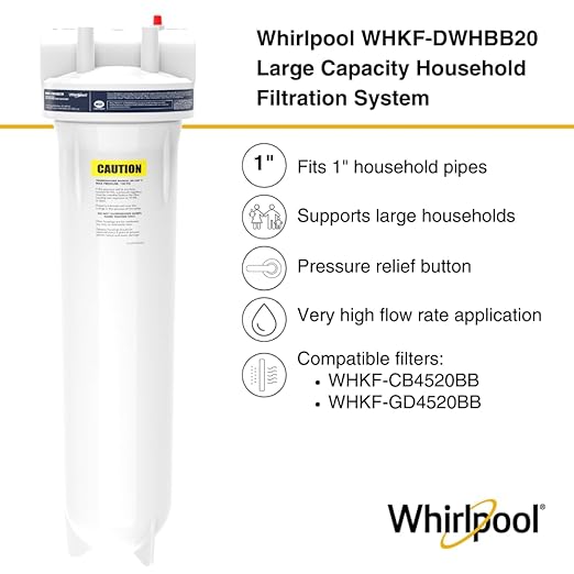 Whirlpool 20" x 4.5" Whole House Water Filter Housing, NSF Certified System for Sediment Carbon Filter, Home Pre-Filtration for Well and City Water, 1" Port with Pressure Relief, Filter Not Included