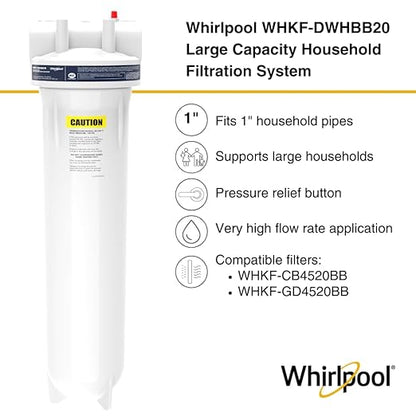 Whirlpool 20" x 4.5" Whole House Water Filter Housing, NSF Certified System for Sediment Carbon Filter, Home Pre-Filtration for Well and City Water, 1" Port with Pressure Relief, Filter Not Included