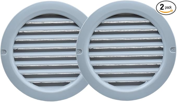 VENTS-US - 4" Round Plastic Vent Cover in Light Grey with Built-in Insect Screen Mesh and Flange for Air Supply or Exhaust Air Applications - Compatible with 4 Inch Diameter Ducts (2-Pack)