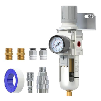AIRZOE 1/2" NPT Air Filter Regulator Combo Piggyback,5 Micron Brass Element, Semi-Auto Drain,Air Pressure Regulator AW4000-04,0-145 psi Gauge
