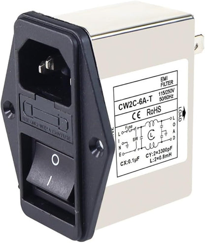 IEC Power Filter, Inlet Power Socket, IEC Socket Power Filter with Built-in Fuse and Rocker Switch, Noise Suppression, Compatible with CW2C-3A-T/CW2B-6A-T/CW2B-10A-T (CW2C-6A-T)