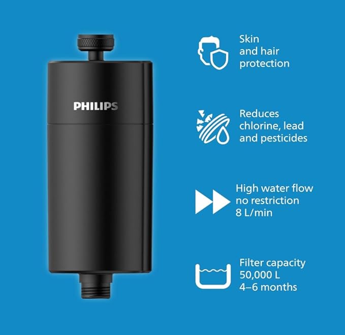 Philips Water in-Line Shower Filter, 50 000 L Filtration Capacity, Black, Reduces Chlorine by up to 99%, Easy to Install, fits All Standard Hoses and taps