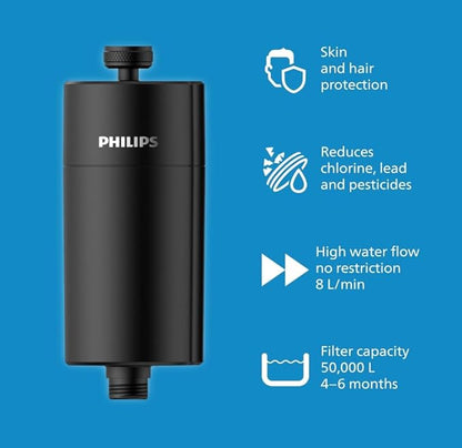 Philips Water in-Line Shower Filter, 50 000 L Filtration Capacity, Black, Reduces Chlorine by up to 99%, Easy to Install, fits All Standard Hoses and taps