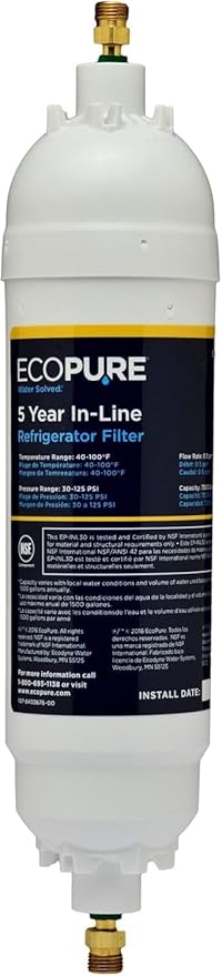 EcoPure EPINL30 5-Year In-Line Refrigerator Water Filter – Universal Fit for Most Fridges, Ice Makers, RVs & Boats – Reduces Chlorine Taste & Odor – Easy DIY Install with 1/4" Fittings