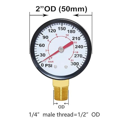 Joywayus Pressure Gauge 0 to 300 PSI Brass 1/4" Male NPT Thread Lower Mount, Multiple Function