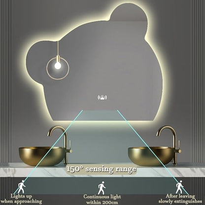 LTSRLL LED Vanity Mirror Cute Bear Decorative Mirror for Bathroom & Dressing Tabler Backlight Wall Mirror with 3 Color Dimmable Light Demister Pad Human Body Sensor Switch(Cut Left,70cmx85cm)