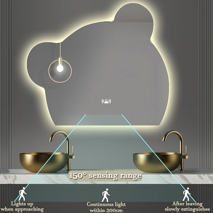 LTSRLL LED Vanity Mirror Cute Bear Decorative Mirror for Bathroom & Dressing Tabler Backlight Wall Mirror with 3 Color Dimmable Light Demister Pad Human Body Sensor Switch(Cut Right,60cmx75cm)
