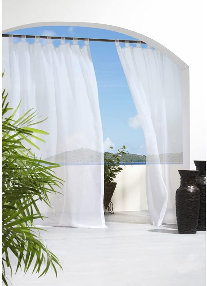 Outdoor De'cor Escape Waterproof Outdoor Sun Filtering Voile Tab Top Curtain, Patios, Gazebos, Privacy, Washable, Fade Resistant, 54" X 96", White